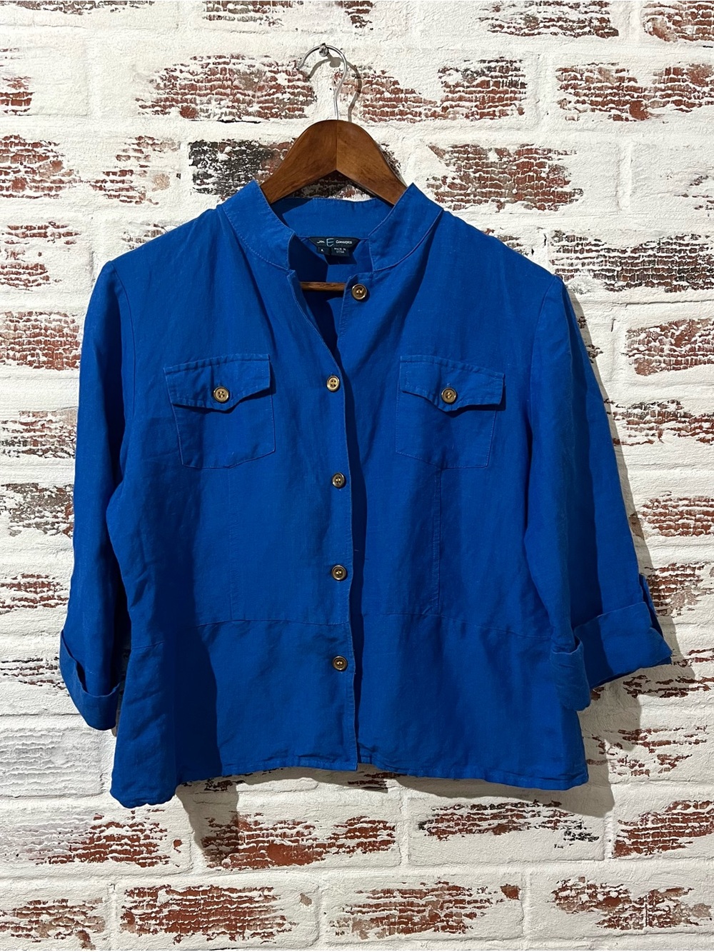 Jen E Concepts Blue Linen Blend Button Up Shirt  Roll Tab Sleeve L